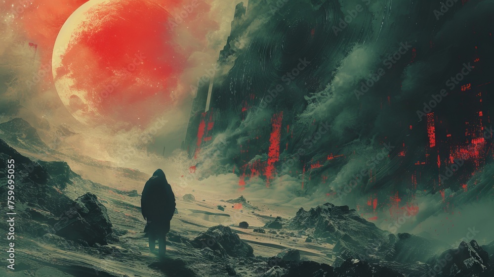 Poster abstract space adventure meets zombie apocalypse: a dynamic digital artwork blending the eerie suspe