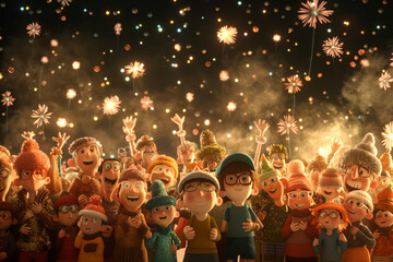 Animated characters enjoy a spectacular fireworks display in a joyful night scene