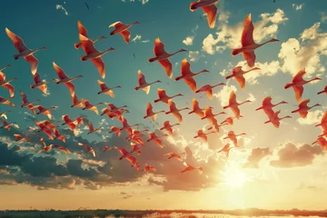 Tuinposter Breathtaking swarm of birds flapping under a vibrant sunset sky © Татьяна Евдокимова