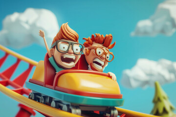 3d illustration of two cartoon characters having fun on a roller coaster ride against a blue sky