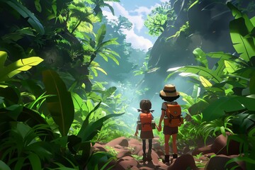 Naklejka na ściany i meble Two kids with backpacks look out onto a sunlit jungle, ready for an adventure
