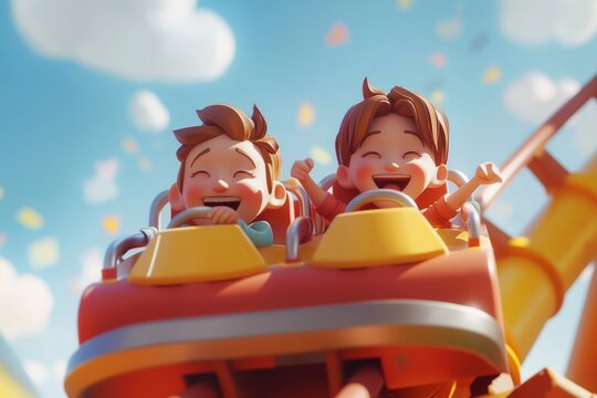 Animated kids with bright smiles enjoying a fun roller coaster ride against a blue sky