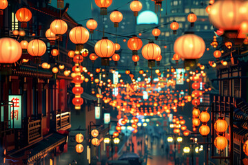 Warm glow of traditional red lanterns illuminating a bustling street at twilight