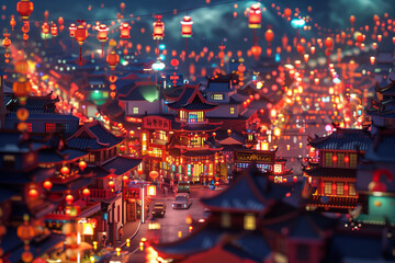 Obraz premium Magical night view of a traditional Asian town adorned with glowing red lanterns