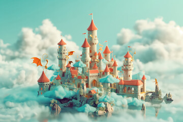 Dreamy miniature castle amidst fluffy clouds with a flying dragon, invoking fantasy and magic