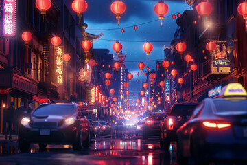 Illuminated street scene at night in Chinatown, adorned with red lanterns and neon signs
