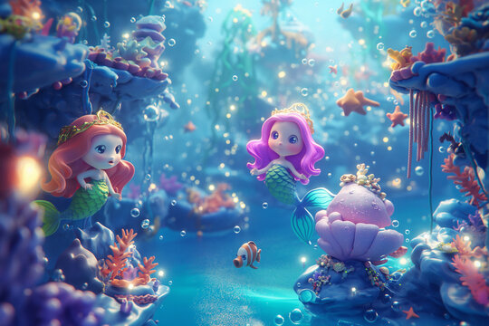 Two cartoon mermaids with a colorful coral reef and marine life