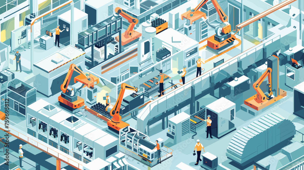 Wall mural illustration automated efficiency modern industry within factory production line and workers in safe