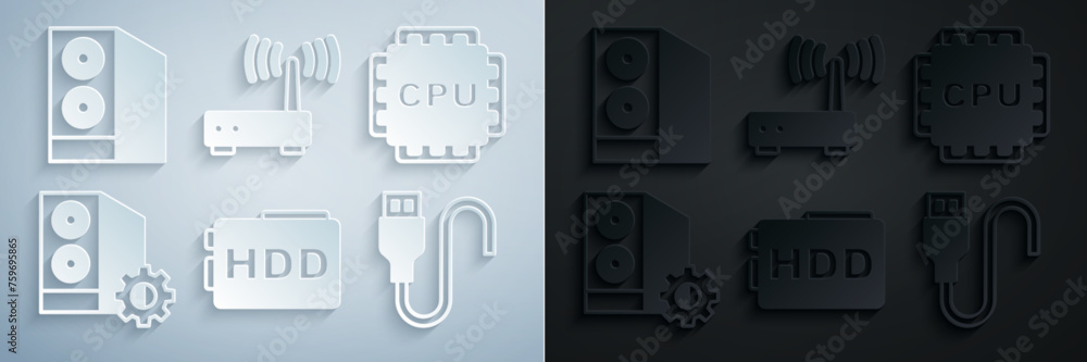 Poster set hard disk drive hdd, processor with cpu, case of computer, usb cable cord, router and wi-fi sign