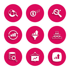 Set Sales funnel with chart, Board graph, Financial growth, Hierarchy organogram, Server, Graph infographic, Search data analysis and icon. Vector