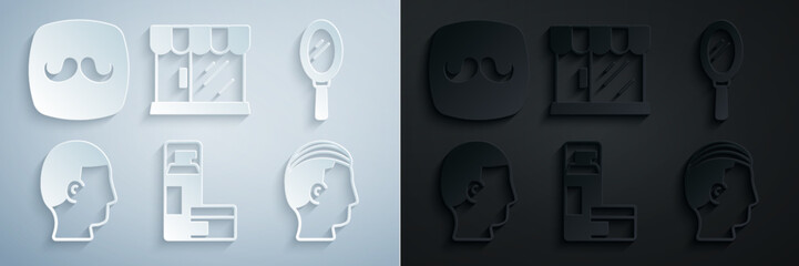 Set Shaving gel foam, Hand mirror, Hairstyle for men, Barbershop building and icon. Vector