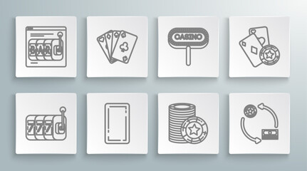 Set line Slot machine with lucky sevens jackpot, Playing cards, back, Casino chips, exchange on stacks of dollars, signboard, and playing and Online slot icon. Vector