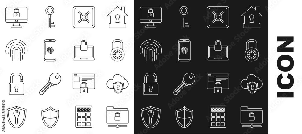 Poster set line ftp folder and lock, cloud shield, safe combination wheel, smartphone with fingerprint scan