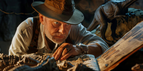 An archaeologist in attire reminiscent of the bygone era, examining ancient relics and fossils with a look of intrigue - obrazy, fototapety, plakaty