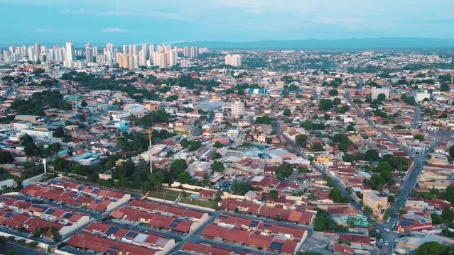 Aerial city scape at sunset in summer in central Cuiaba Mato Grosso