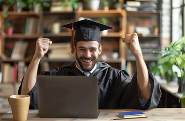 Man wearing a graduation gown and cap sits at a desk with his laptop. Celebrating. Online learning concept.