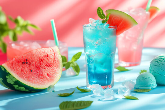 glass of pink watermelon juice with a mint leaf on top. There are also two other glasses of watermelon juice on the table. Summer food and drinks mockup with a watermelon slice, ice cream, cold drink