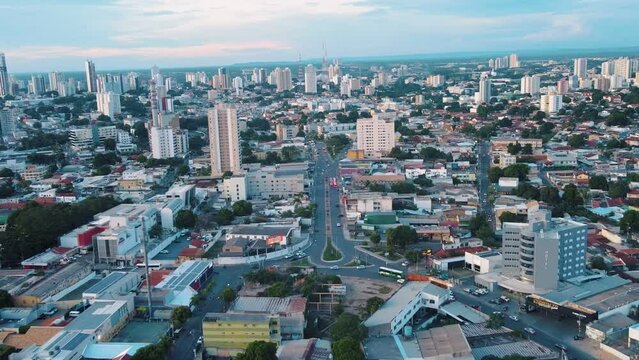 Aerial city scape at sunset in summer in central Cuiaba Mato Grosso