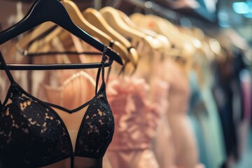 A lingerie store with a woman in sexy clothes in the blurred background. - obrazy, fototapety, plakaty