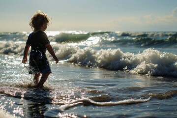 Fototapeta premium A little kid at the beach playing alone.