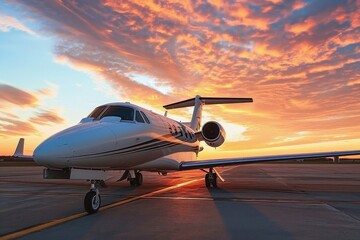A luxury private jet on the runway at sunset.