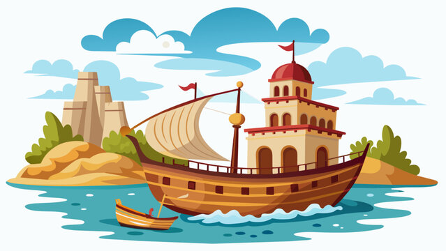 Roman era merchant ship float to the seashore vector art illustration