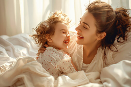 A mother and daughter laughing in bed, white sheets, light background, sunlight shining through the window on their faces
