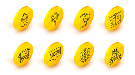 Set line Taxi car, Traffic light, Map pointer with taxi, Bus, Cable, call telephone service, Magnifying glass and and Car key remote icon. Vector