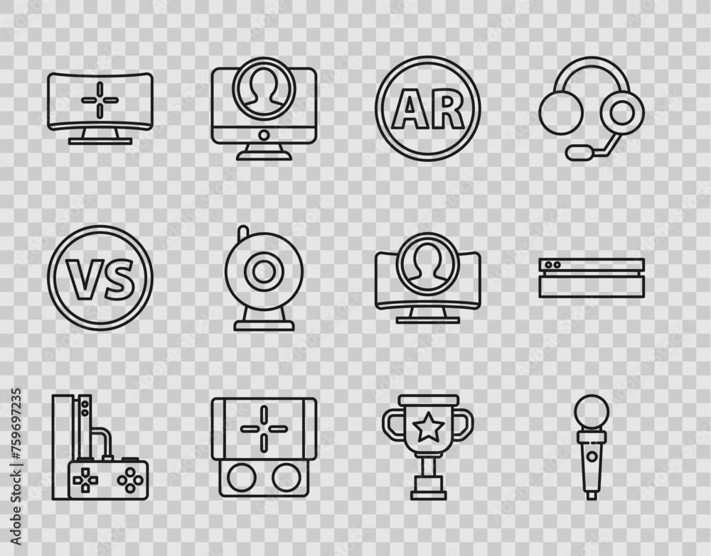 Poster set line game console with joystick, joystick for arcade machine, ar, augmented reality, portable vi