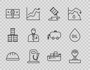 Set line Worker safety helmet, Gauge scale, Barrel oil leak, Petrol gas station, Stacks paper money cash, Businessman stock market trader, Oil tanker ship and drop icon. Vector