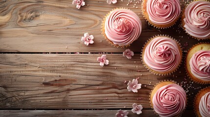 Four excellent and creamy cupcakes in close-up on a wooden table surrounded by roses with room for text and top view, Generative AI.