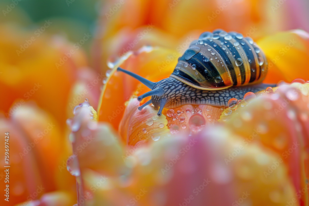 Poster a snail is on a pink flower. small tiny snail on a tulip, macro photo spring vibes