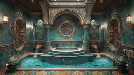 Luxurious indoor pool in an ornate, classical room with intricate designs and tranquil blue tones. - obrazy, fototapety, plakaty