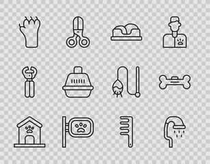 Set line Dog house and paw print, Pet shower, bed, grooming, Paw, carry case, Hair brush for dog cat and bone icon. Vector