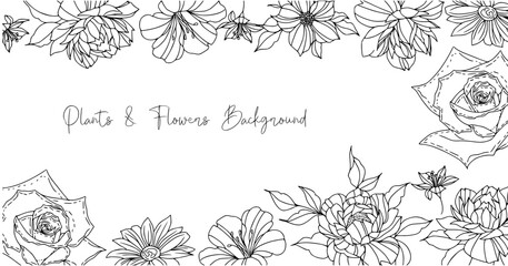Luxury botanical background with trendy wildflowers and minimalist flowers for wall decoration or wedding. Hand drawn line herb, elegant leaves for invitation save the date card. Botanical
