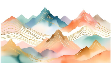 An abstract painting of mountains in shades of pastel colors with golden accents