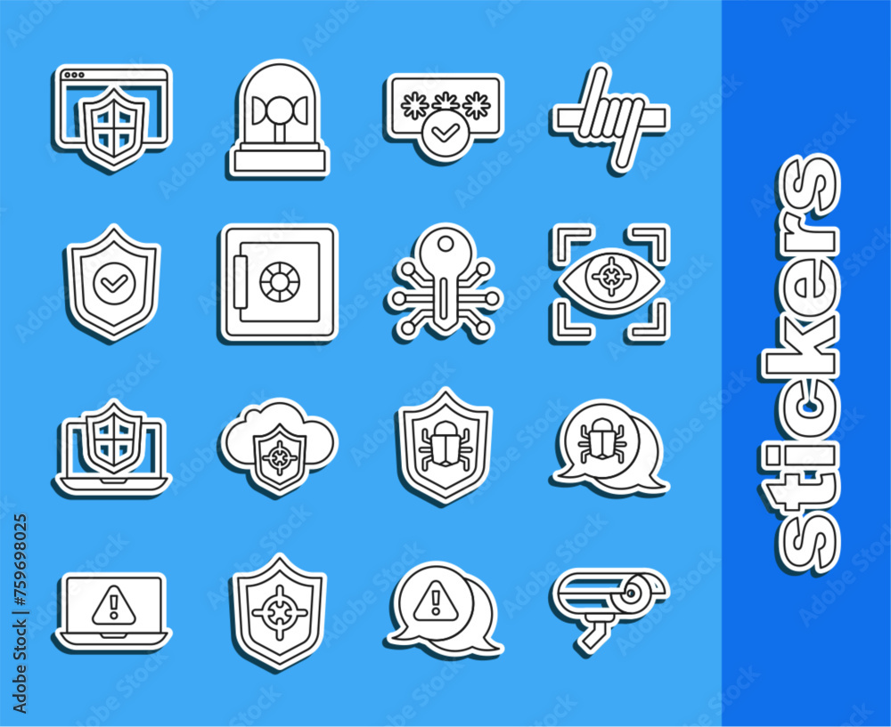 Poster set line security camera, system bug, eye scan, password protection, safe, shield with check mark, b
