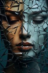 Broken and fragmented portrait of a woman, broken glass portrait