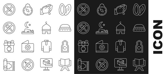 Set line Holy book of Koran, Muslim Mosque, hat for prayer, Hands in praying position, man prays, Ramadan fasting, No Smoking and icon. Vector