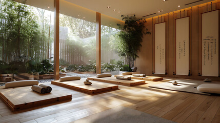 Modern Wellness Center or Spa with Meditation or yoga studio with bamboo flooring, natural light,...