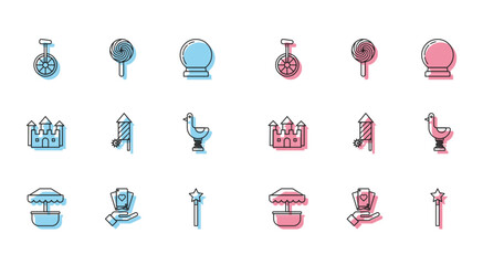 Set line Attraction carousel, Hand holding playing cards, Unicycle or one wheel bicycle, Magic wand, Firework rocket, Riding kid duck, Castle and Lollipop icon. Vector © Oksana