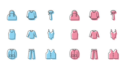Set line Sweater, Pants, Handbag, Waistcoat, Swimsuit, Undershirt and icon. Vector