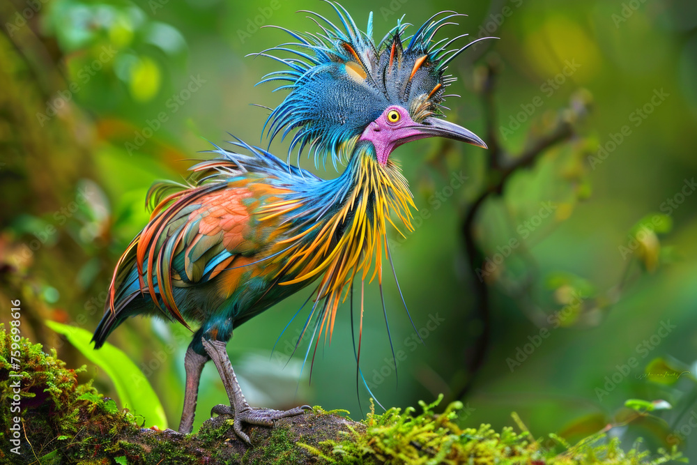Poster a colorful bird with stands on a paved surface. the bird's bright colors and unique appearance. colo