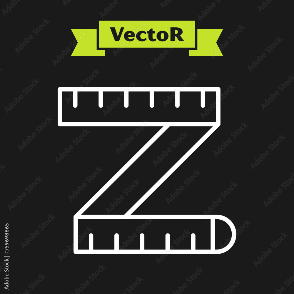 Poster white line tape measure icon isolated on black background. measuring tape. vector