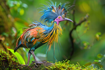 Fototapeta premium A colorful bird with stands on a paved surface. The bird's bright colors and unique appearance. colorul exotic bird creature. this bird has many colors and it appears to be from another planet.