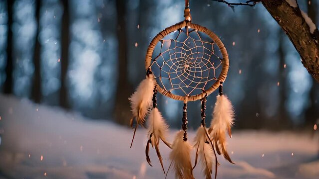 Recreation of a dream catcher a snowy night in a forest