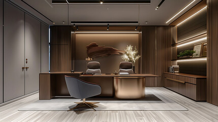 Modern Chamber of a Lawyer with Neutral color scheme with pops of deep blue or burgundy for a...