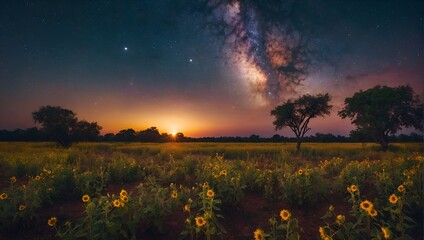 Beautiful landscape of dry tree branch and sun flowers.