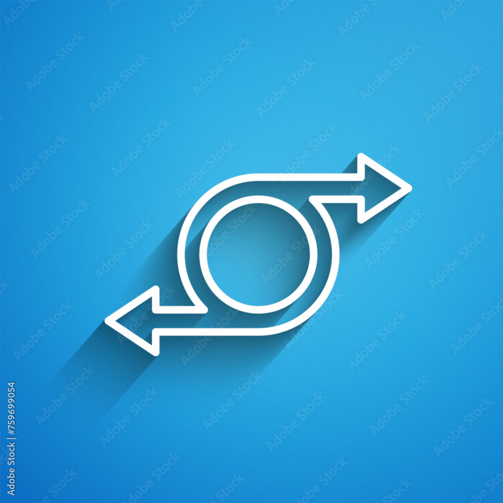 Poster white line arrow icon isolated on blue background. direction arrowhead symbol. navigation pointer si