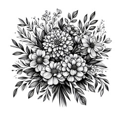 Black and White Drawing Of Abstract Flowers.  Field Flowers Bouquet, Elegance Line Art
